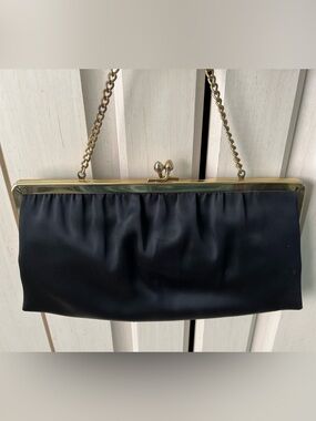 Ande Vintage Black Satin Kiss Lock Evening Bag